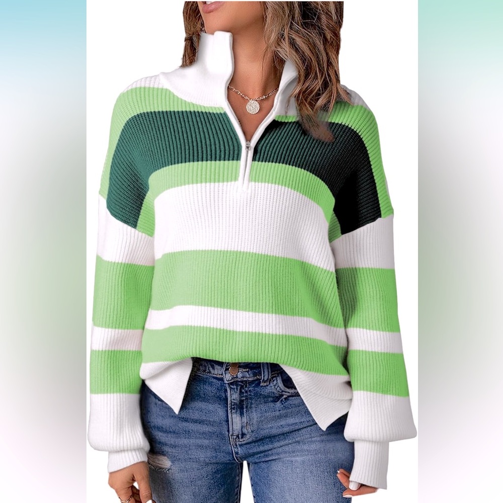 NWT EVALESS Striped Long Sleeve Lapel V Neck Quarter Zip Pullover Ribbed Knit, M